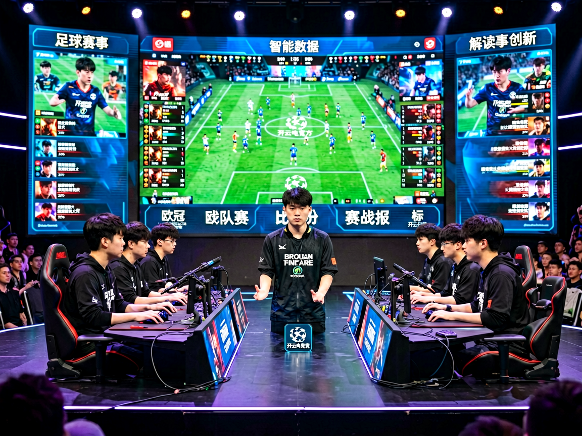 电竞比赛现场，选手在舞台中央专注比赛，大屏幕显示实时战况